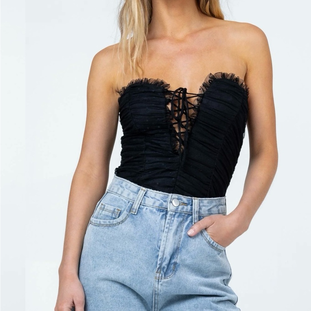 Black Strapless Bodysuit with Polka Dot Stitching and Ruffle Neckline, Size 6